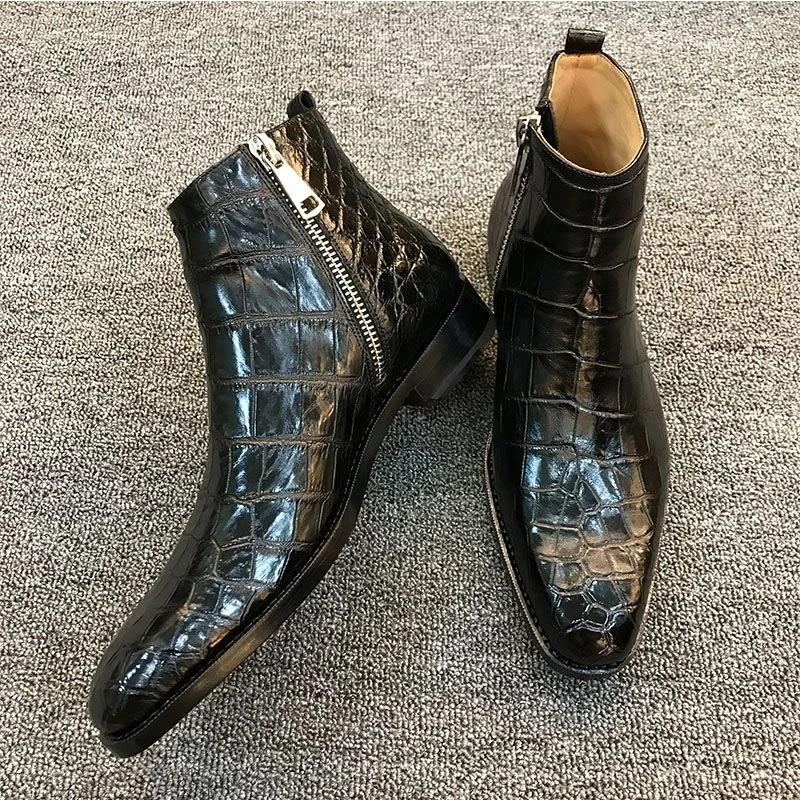 Men Black High Heel Alligator Pattern Zip Chelsea Boots