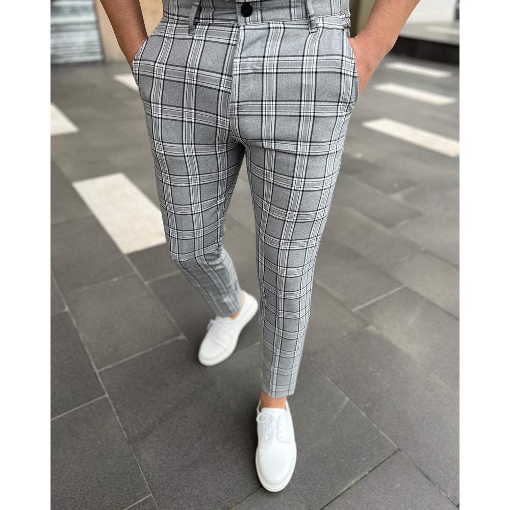 Men's Casual Long Pants Grid Striped Pants