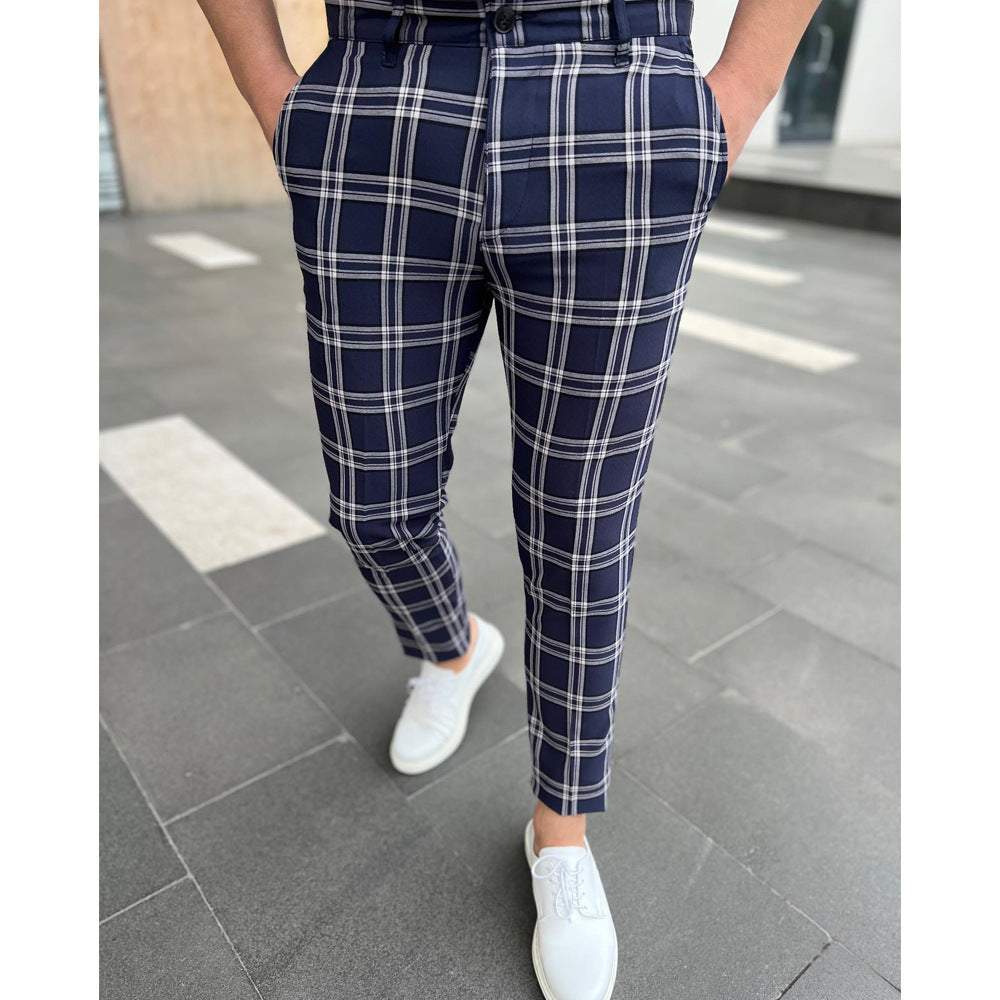Men's Casual Long Pants Grid Striped Pants